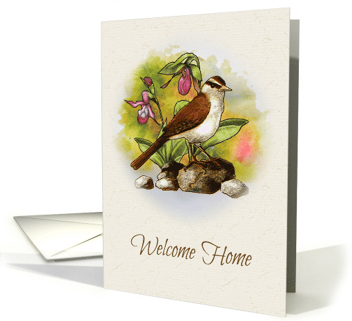 Welcome Home from Hospital Bird with Ladyslipper Flowers, Nature card