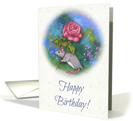 Happy Birthday, General, Mouse in Garden Carrying Large Pink Rose card