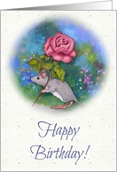 Happy Birthday, General, Mouse in Garden Carrying Large Pink Rose card