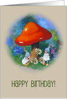 Happy Birthday, General, Red Toadstool with Gnome Girls and Daisies card