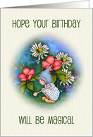 Happy Birthday General Birthday, Gnome Girl in Garden with Flowers card
