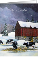 Merry Christmas with Country Landscape of Barn and Cows, Falling Snow card