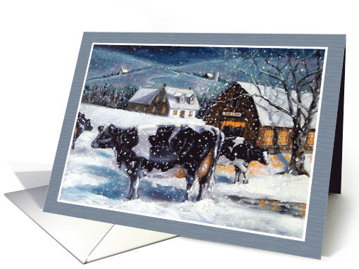 Country Christmas with Farm Scene of Barn and Cows in Snow card