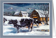 Country Christmas with Farm Scene of Barn and Cows in Snow card