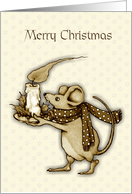 Merry Christmas With Cute Mouse Holding Large Flaming Candle Sepia card