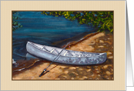 Happy Birthday For Man with Painting of Blue Canoe And Fishing Pole card