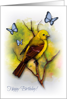 General Happy Birthday With Yellow Tanager And Blue Butterflies, Art card