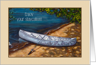 Coronavirus Staycation, Blue Canoe With Fishing Pole, Painting card