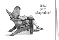 Coronavirus Staycation, Girl Reading Books in Deck Chair, Pencil Art card