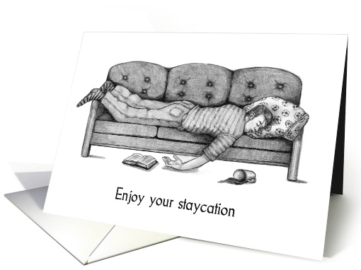 Coronavirus Staycation, Staying Home, Man Asleep on Couch, Pencil card