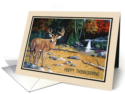 Happy Thanksgiving Deer in Nature with Fall Trees and Waterfall card