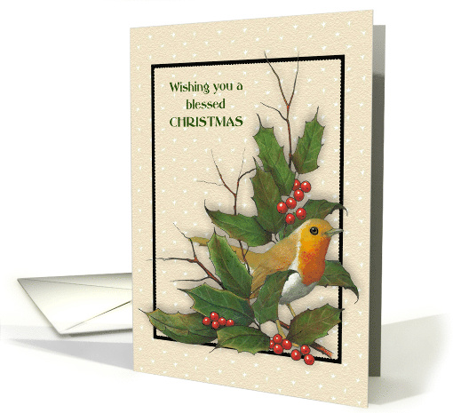 Christmas Religious Holly Leaves Twigs Berries Stars Robin Bird card