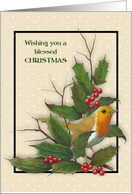 Christmas Religious Holly Leaves Twigs Berries Stars Robin Bird card