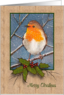 Merry Christmas English Robin with Snowflakes and Holly and Berries card