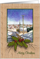 Merry Christmas Village Church in Falling Snow Holly and Berries card