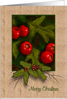 Merry Christmas Hawthorn Berries Painting with Holly Leaves card