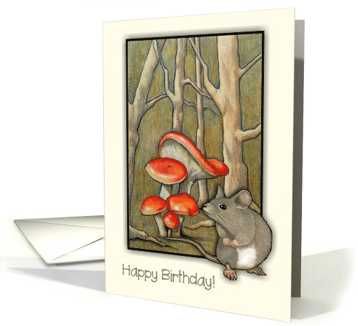Happy Birthday with Cute Mouse and Toadstools Illustration card