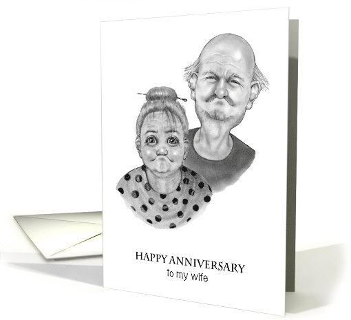 Happy Anniversary To Wife Humorous Old Couple Pencil Drawing card