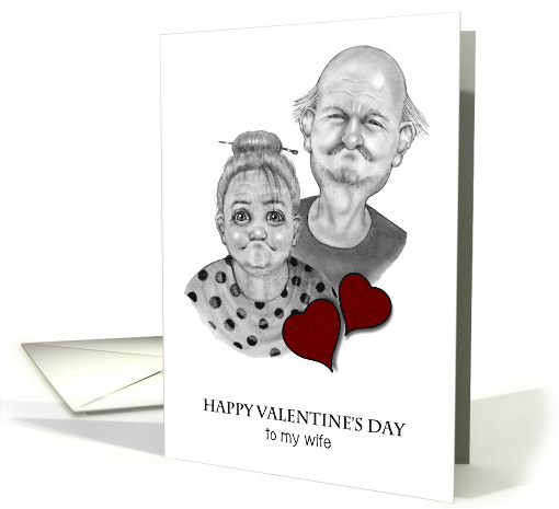 Happy Valentine's Day To Wife Humorous Old Couple Pencil Drawing card