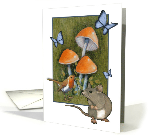 Nature Scene Any Occasion with Mushrooms Butterfly Bird and Mouse card