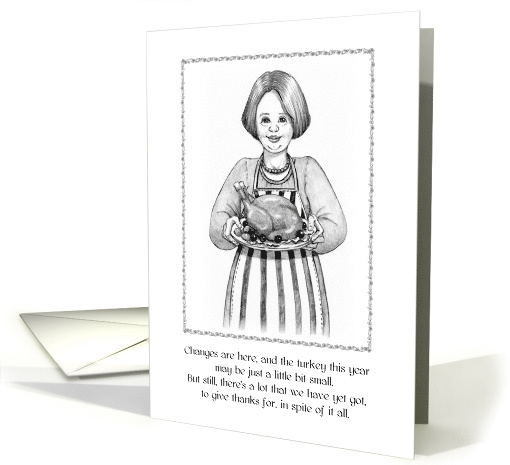 Coronavirus Covid Thanksgiving with Woman Holding Turkey Platter card