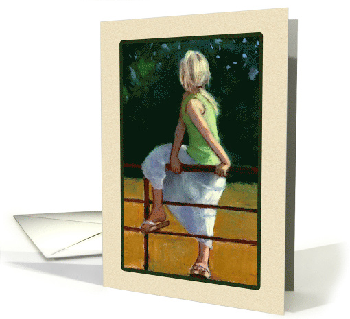 Blank Inside Painting Of Young Girl on Fence Looking Backwards card
