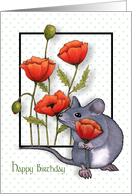 Happy Birthday General With Mouse and Poppy Flowers Illustration card