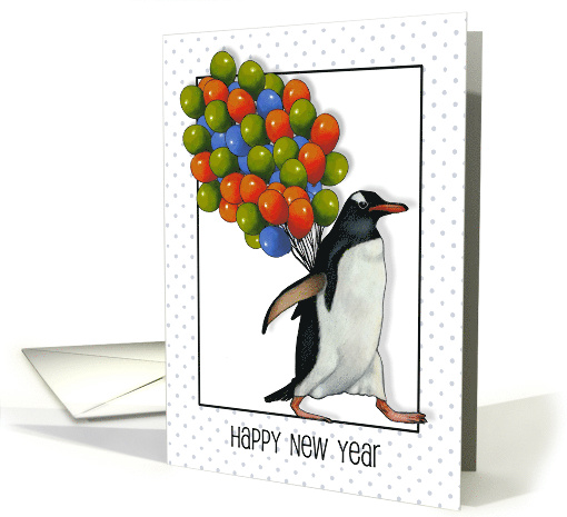 Happy New Year Penguin Walking With Huge Cluster of Balloons card