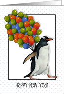 Happy New Year Penguin Walking With Huge Cluster of Balloons card