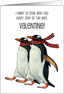 Valentine’s Day Penguins Walking Stick Together In Step Illustration card