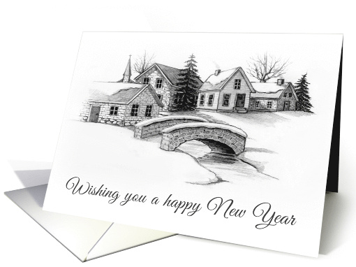 COVID Happy New Year with Drawing of Cozy Village in Winter card