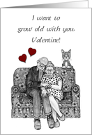 Valentine I Want To Grow Old With You Elderly Couple Love Seat Kitten card