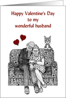 Happy Valentine’s Day to Husband Elderly Couple Snuggling on Love Seat card
