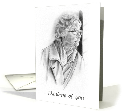 COVID Thinking of You Elderly Woman Waiting By Window Pencil Art card