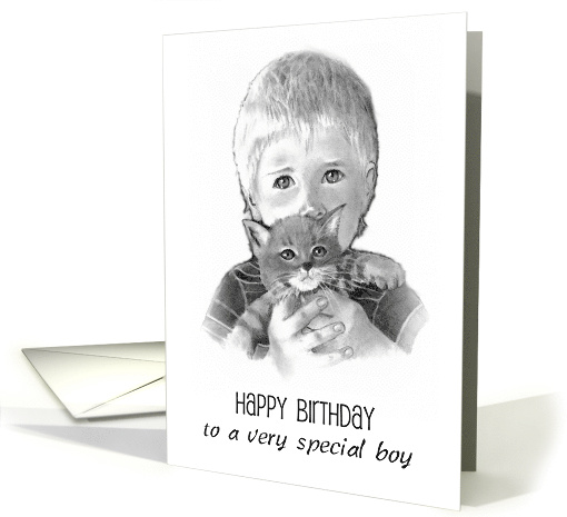 Happy Birthday For Boy With Drawing of Little Boy Holding Kitten card