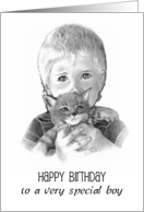 Happy Birthday For Boy With Drawing of Little Boy Holding Kitten card