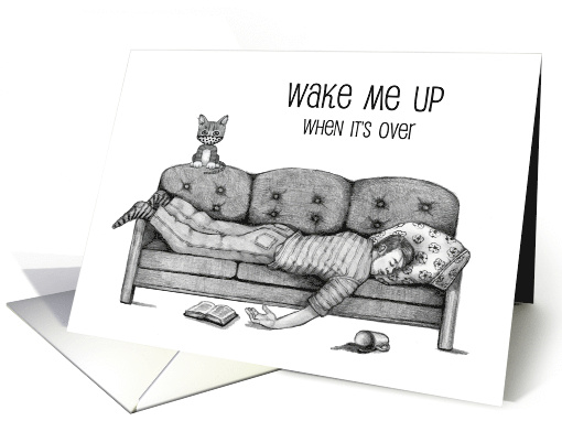 COVID Missing You Wake Me Up When It's Over Guy Sleeping on Couch card