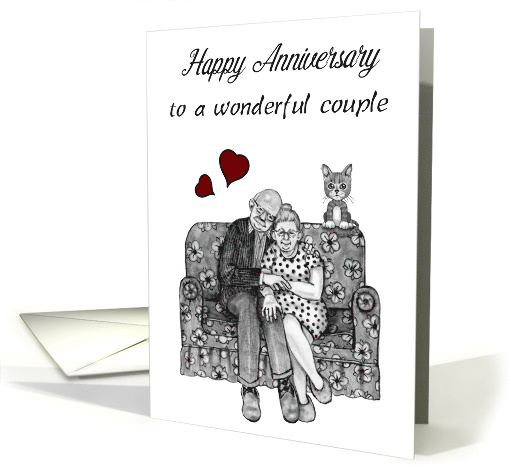 Happy Anniversary Older Couple Snuggling on Couch Red Hearts card