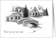 Thank You For Gift with Pencil Drawing of Quaint Village in Winter card