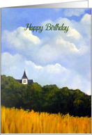 Happy Birthday Religious with Painting of Country Scene Church Steeple card