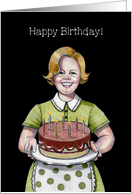 Happy Birthday General With Woman Holding Cake Black Background card