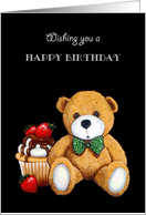 Happy Birthday For Kids with Teddy Bear and Cupcake Black Background card