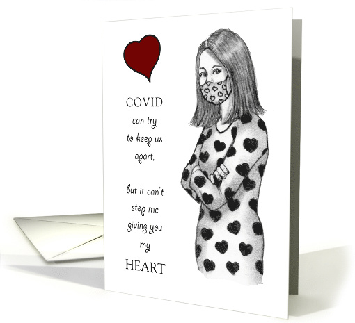 COVID Valentine's Day Woman With Mask and Heart Covered Dress card