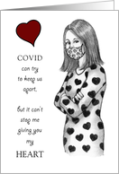 COVID Valentine’s Day Woman With Mask and Heart Covered Dress card