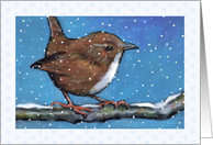 Any Occasion Blank Inside Little Wren Bird in Falling Snow Painting card