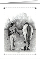 Any Occasion Blank Inside Western Pencil Art Cowboy Leading Horse card