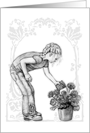 Any Occasion Blank Inside Pencil Drawing of Girl Watering a Plant card