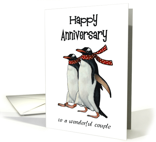 Happy Anniversary with Penguin Couple Walking Side By Side card
