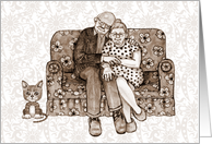 Any Occasion Blank Inside Drawing of Old Couple on Couch with Cat card