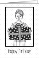 COVID Happy Birthday With Woman Holding Huge Gift Humor card